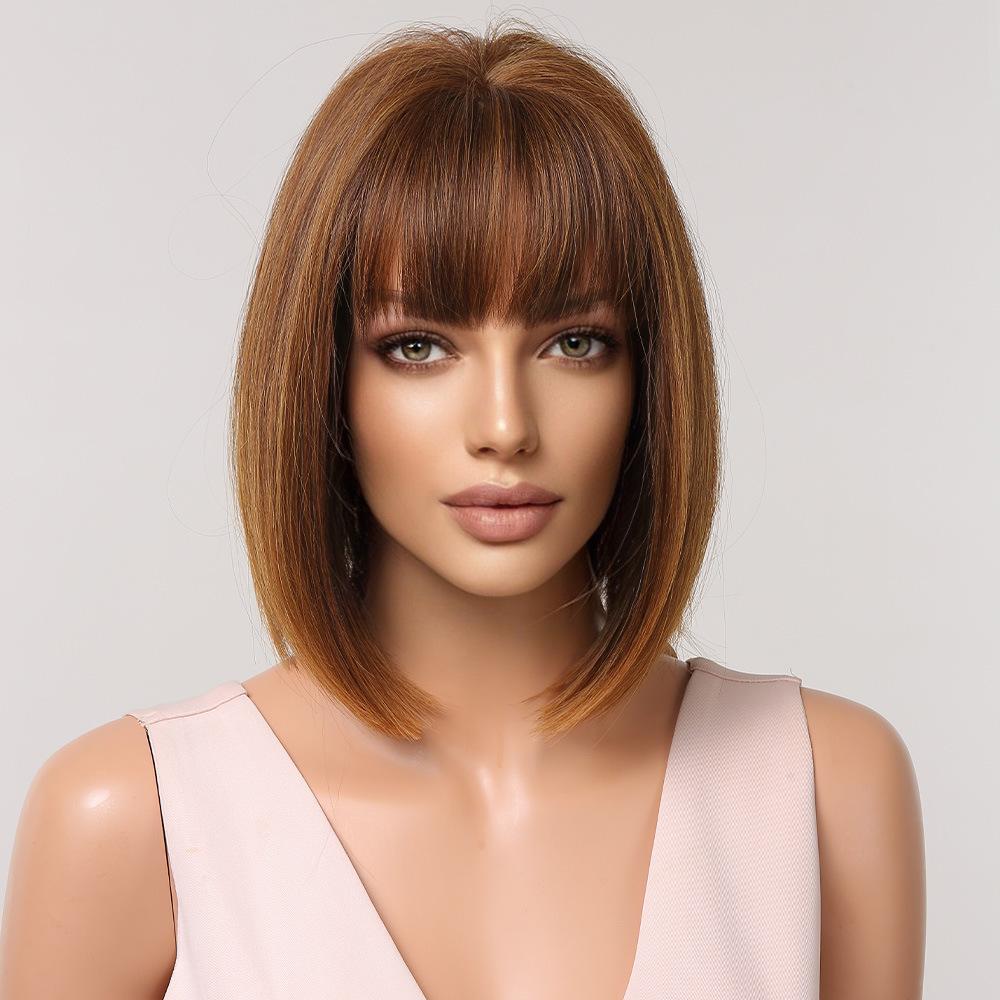 Парик женский термостойкий шелк короткие волосы летний натуральный цвет бобо голова темперамент снижение возраста челка ци короткие прямые волосы парик головной убор