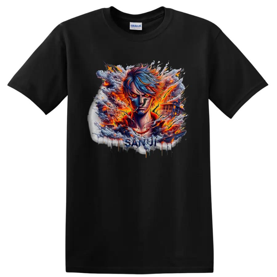 Sanji Anime T Shirt Fiery Warrior w/ Burning Ships Explosive Action Graphic Tee