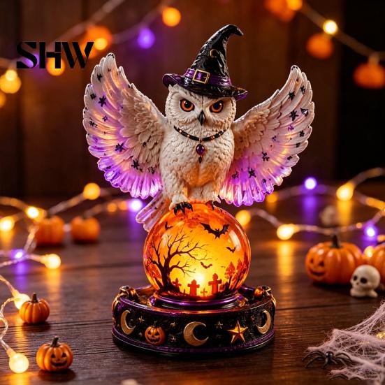 Spooky Desk Ornaments Halloween Lighted Faux Crystal Ball Decor, Gothic Crow/Ghost/Bat/Owl on Party Supplies Lamp with LED Light for Tabletop