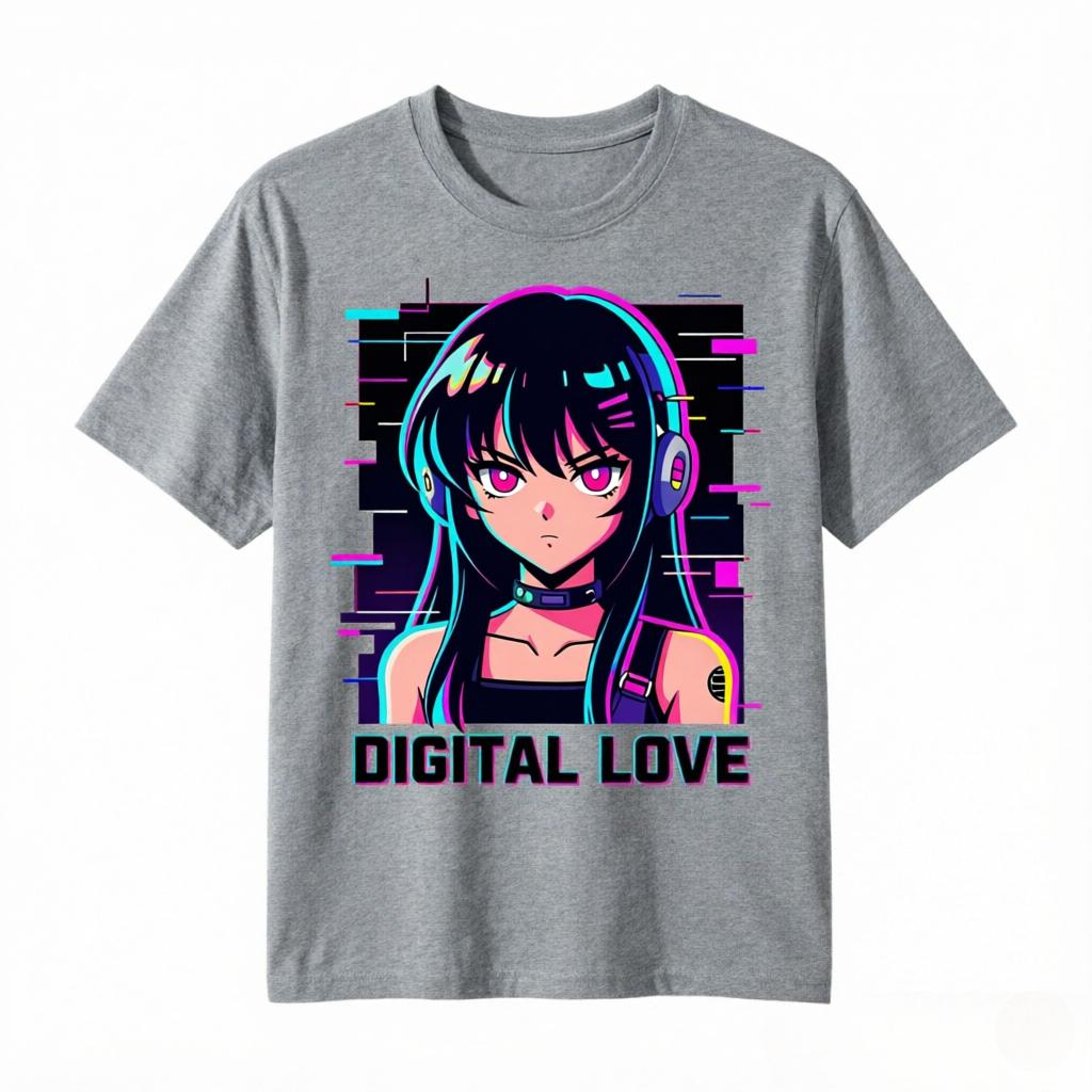 Retro 90s Anime Vaporwave Headphone Girl Digital Love Graphic TShirt Unisex Unisex Synthwave Anime Fan Cotton Tee Short Sleeve Tops