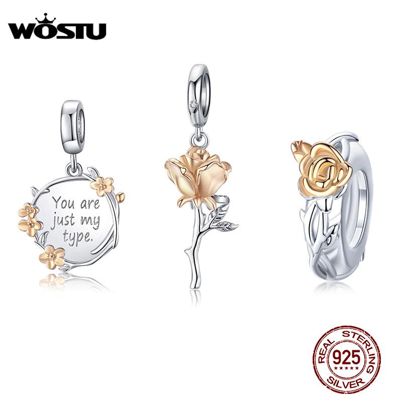 WOSTU Real 925 Sterling Silver Rose Flower Charms Fit Original Bracelet DIY Necklace Pendant Valentine's Day Jewelry Lover Gift