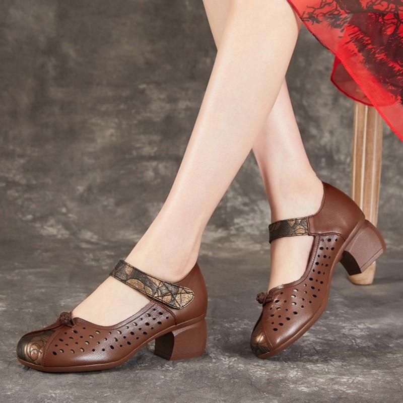 Johnature Женская обувь, туфли-лодочки в этническом стиле, дышащие сандалии из натуральной кожи на толстом каблуке и мягкой подошве