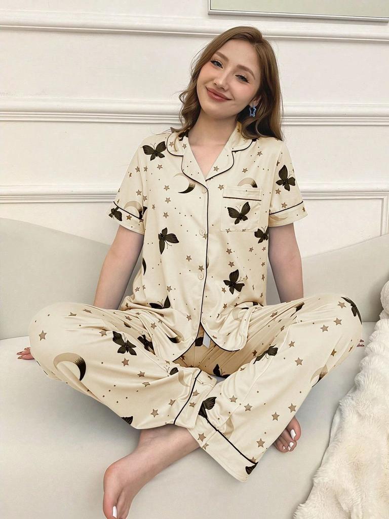 [Customization] Hot-selling large-size women's butterfly star printing set in Europe and America, casual fat woman loungewear