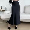 Women Fishtail Skirt High Waist Fishtail Hem Maxi Skirt Solid Color Retro Satin Texture Hip Wrapped