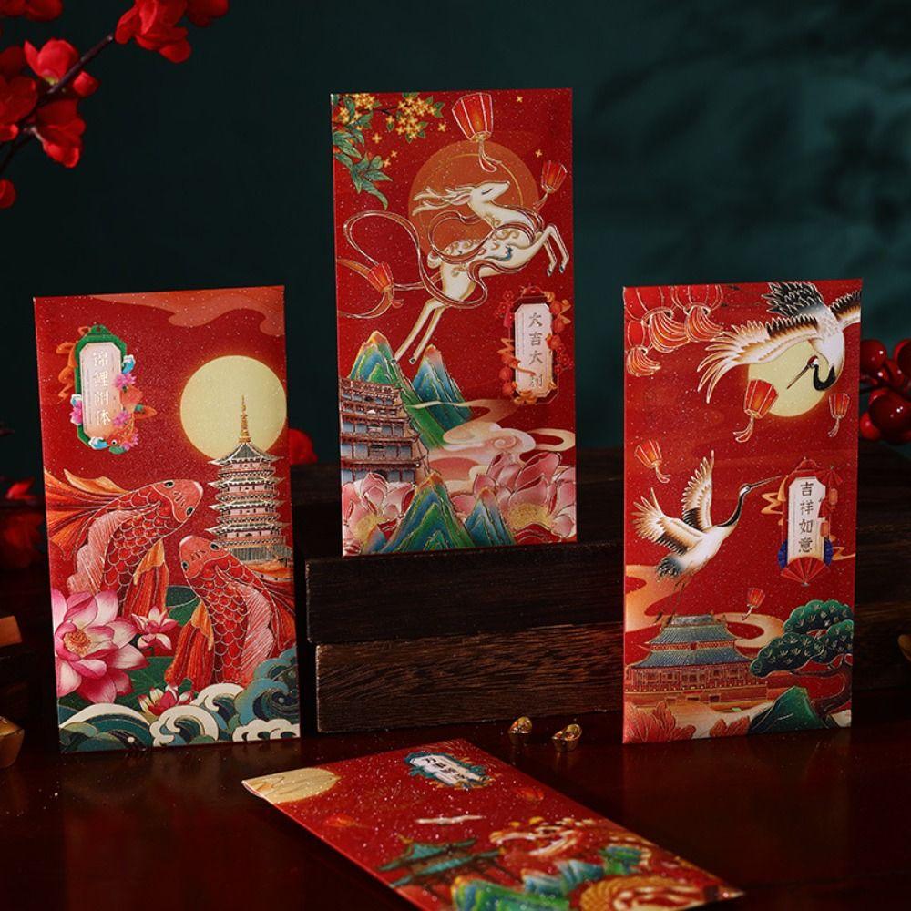 6pcs Chinese Style New Year Red Envelopes Traditional Hongbao Good Luck Red Pocket Blessing Thickened Money Packet