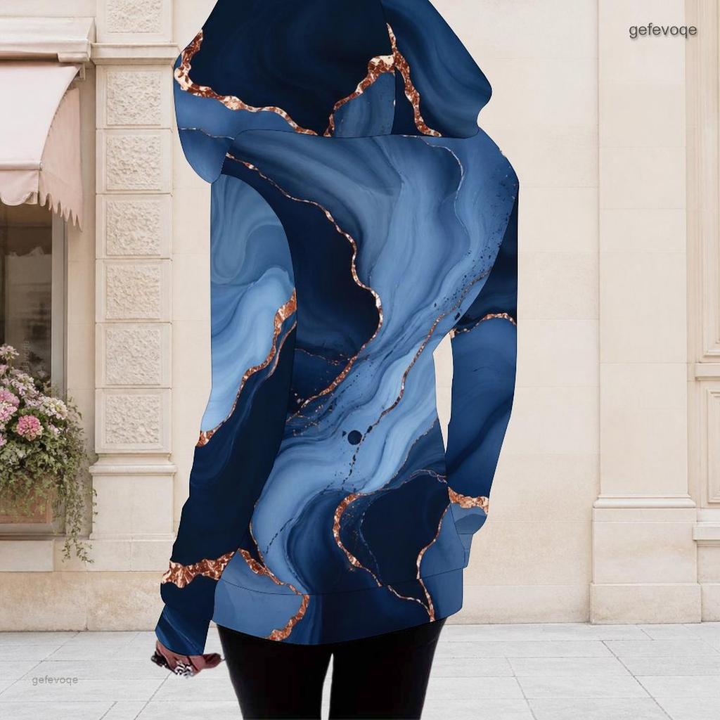 Women Plus Size Colorful Swirl Print Hooded Long Sleeve Fitted Top Asymmetric Cutout Neck Cold Shoulder