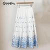 Qooth Women A Line Embroidery Flower Ruffle Skirt Wide Hem Mid Length Elastic Waist Casual Skirt QT2668