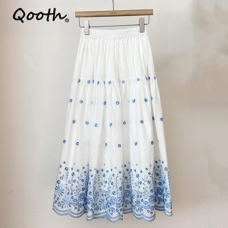 Qooth Women A Line Embroidery Flower Ruffle Skirt Wide Hem Mid Length Elastic Waist Casual Skirt QT2668