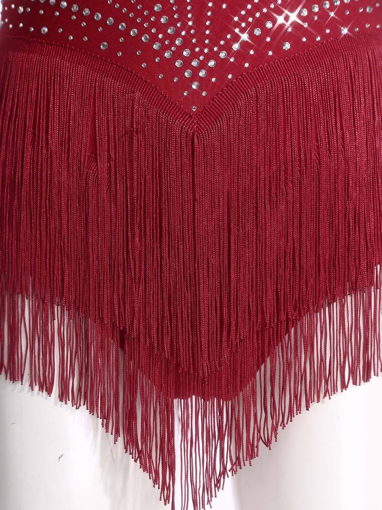 Боди для фигурного катания и латиноамериканских танцев S-XXL для женщин: Элегантная сетчатая блузка с длинным рукавом, спинка с ремешками и стразами, многоярусный подол