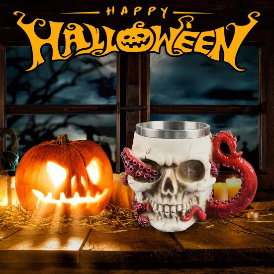 Novelty Beer Mug Skull Shape Realistic Octopus Tentacles Stainless Steel Medieval Halloween Party Wine Cup Whisky Shot Glasses Drinking Cup