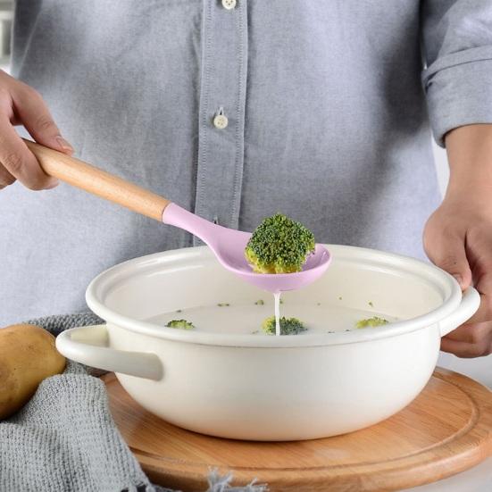 Silicone Kitchenware Set with Wooden Handles Heat Resistant Turner Tongs Spatula Spoon Brush Whisk Nonstick Cooking Tools