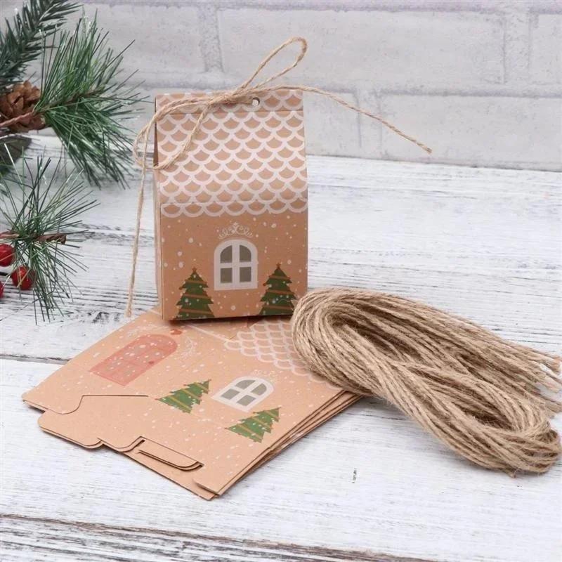 Christmas Style Supplies 50pcs Party Xmas Decor House Shape Cookies Pouch Christmas Candy Box Kraft Paper Gift Bags Candy Box