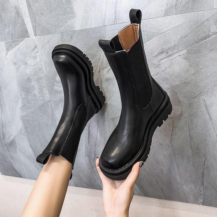 New Winter Elastic Mid-Leg Platform Chelsea Boots Black Platform Plus Size Ankle Boots