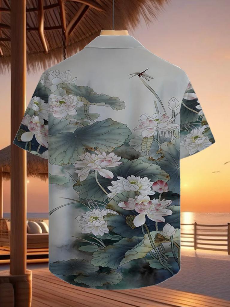 Hawaiian for Lotus Pond Print Men's Casual Shirt - Short Sleeve Button Design, Vibrant Colors, Summer Outdoor and Casual Wear, Machine Washable