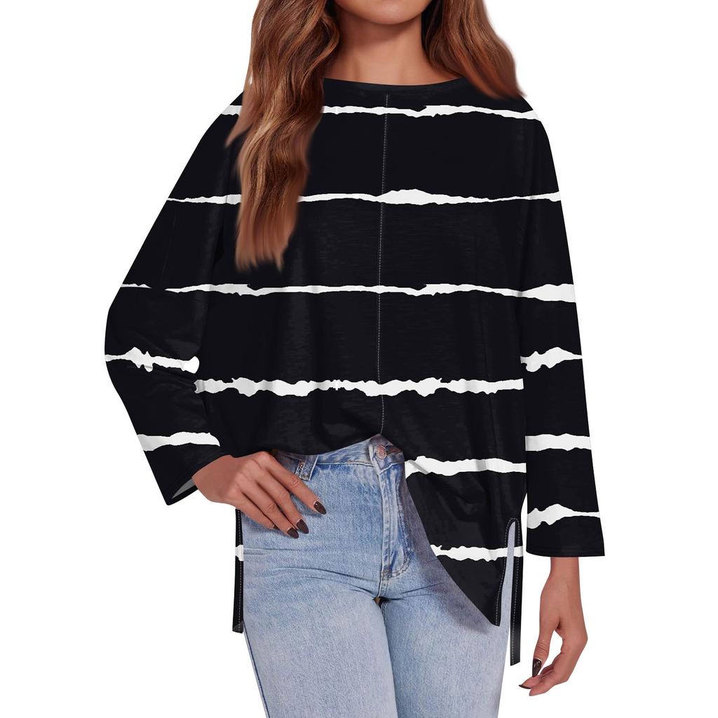 Женская модная свободная футболка большого размера с круглым вырезом и длинным рукавом, разрезом по бокам, в полоску, с принтом, повседневный топ