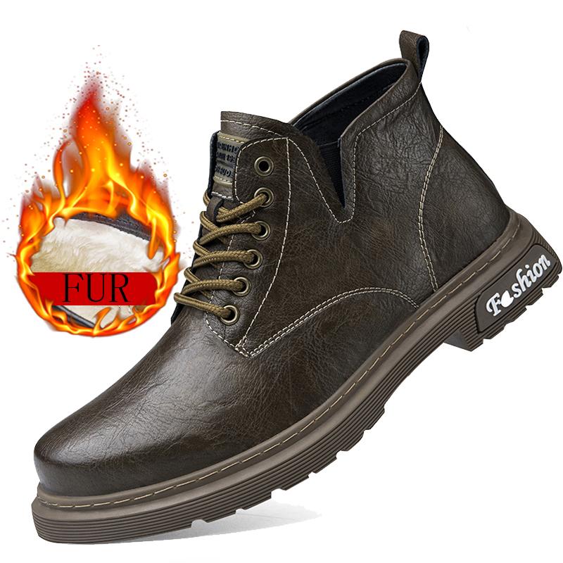 Модные зимние ботинки Натуральная кожа Короткие ботинки Плюс бархат Высокий верх Уличные кроссовки Ботильоны Мужские ботинки Толстая подошва Повседневные ботинки Мех