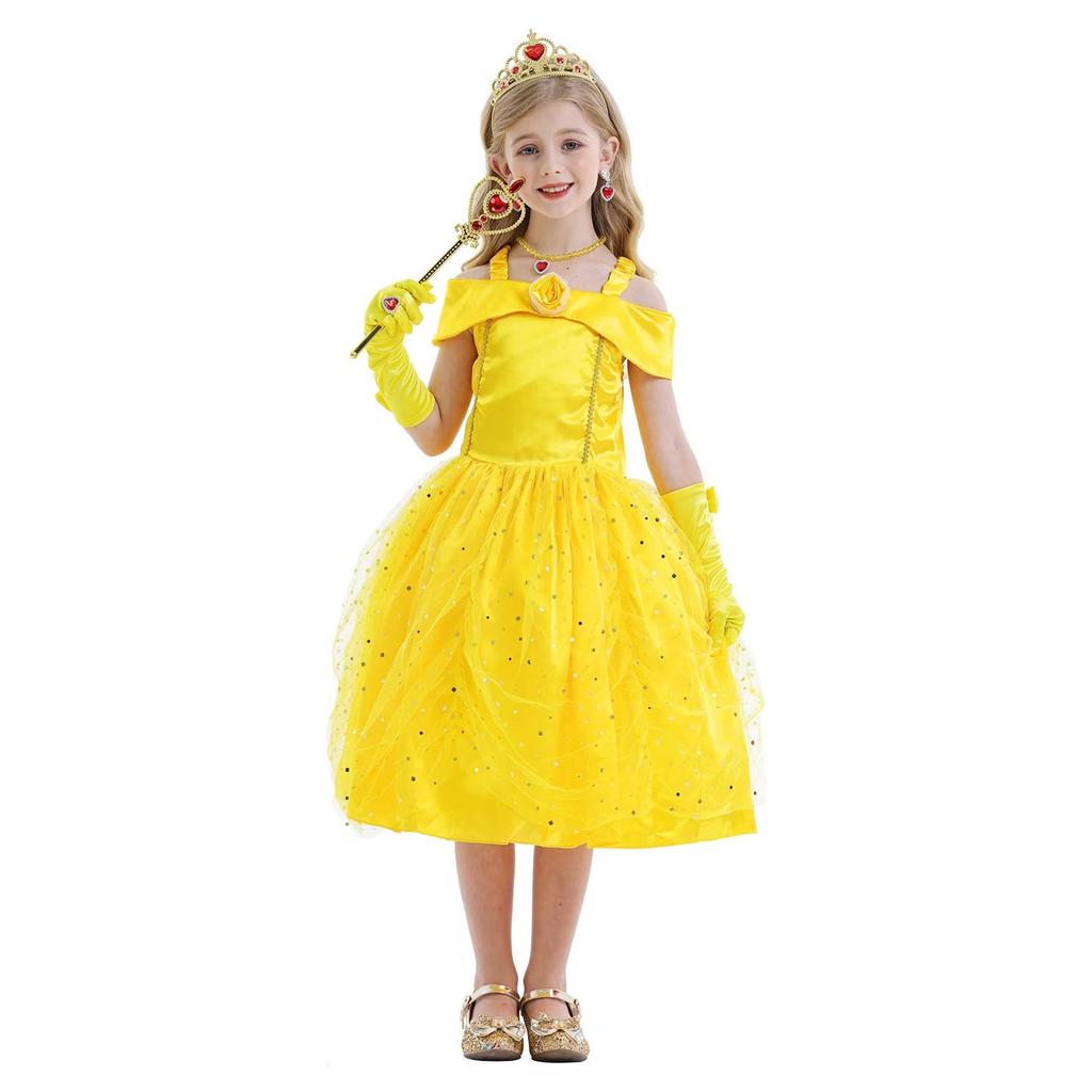 Belle Princess Carnival Costume, 7 Accessories, Cotton/Polyester, Yellow, 5-6 Years/110-120cm