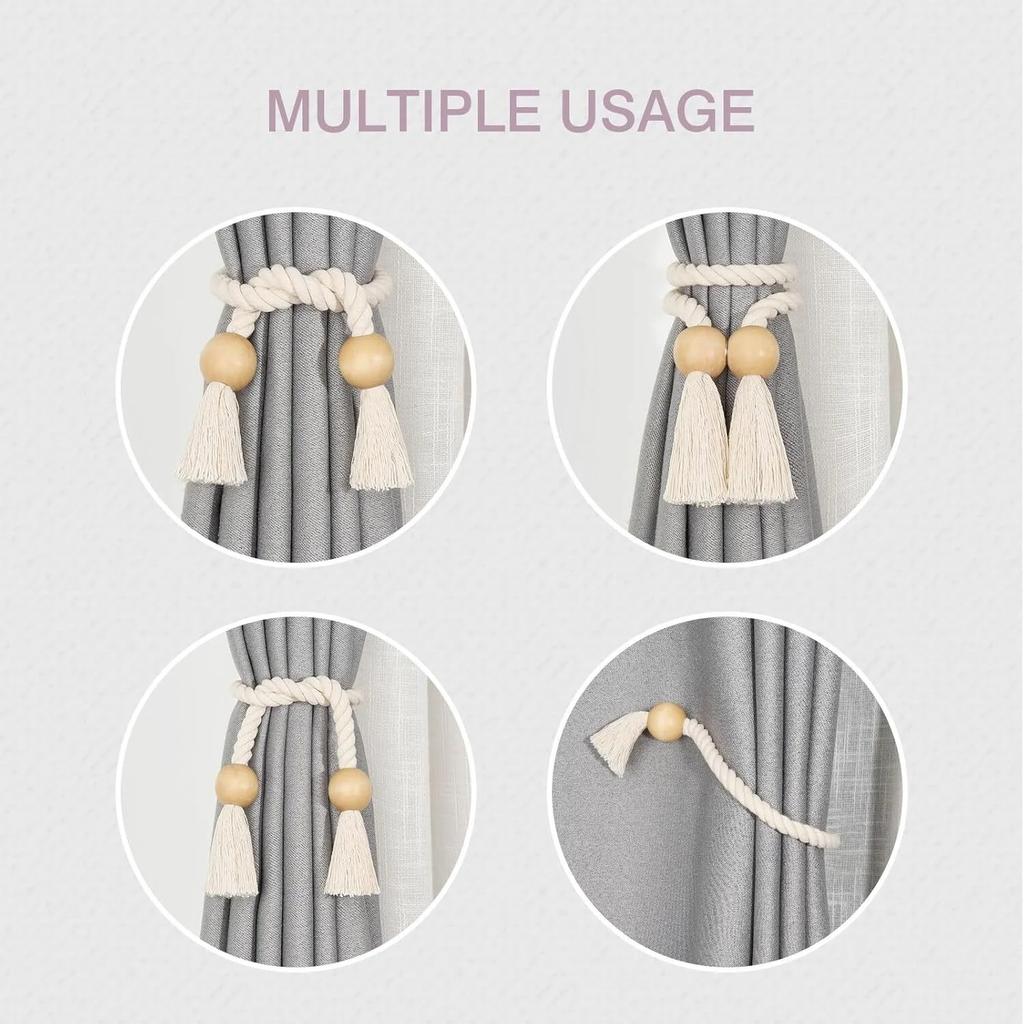 4 Pack Beige Magnetic Curtain Tiebacks Cotton Hand Woven Tieback Holdback Decorative Tie Backs for Drapes with Wooden Buckle