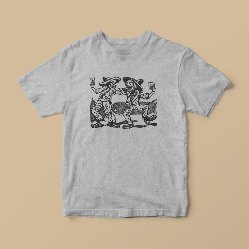 Two Skeletons Dancing T-Shirt | Spooky Halloween Tee | Mexican Art | Day of the Dead Design | Mariachis Partying | Cinco de Mayo | S - 3XL