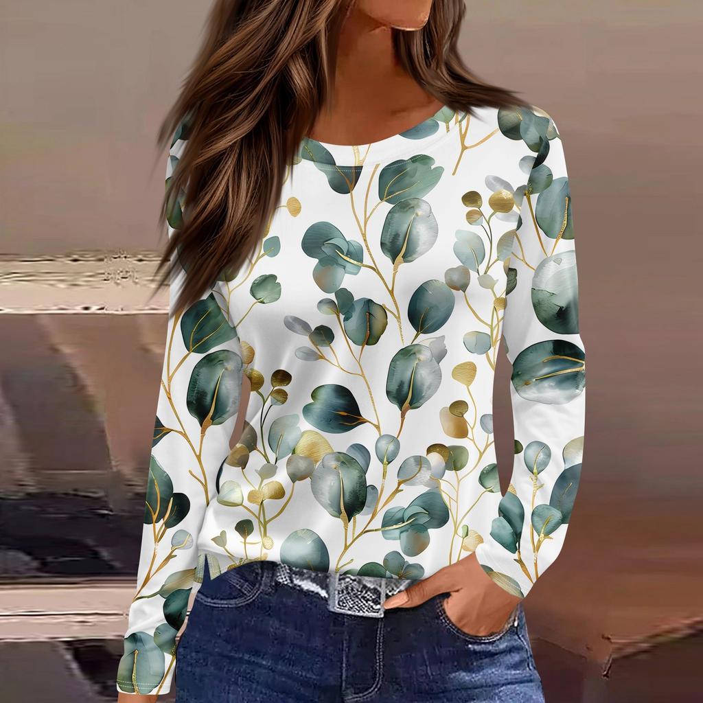 Женская модная повседневная свободная футболка с принтом и круглым вырезом с разрезом и длинным рукавом, женский топ