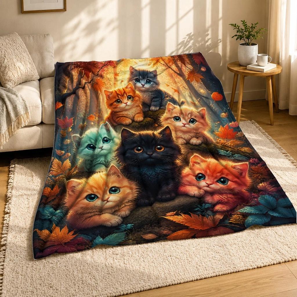 Seven Fluffy Kittens Autumn Forest Coral Fleece Blanket Cat Decor
