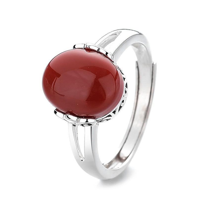 Adjustable Open Ring Women Men With Double Oval Red Agate Gemstone Vintage Chinese Style Statement Jewelry