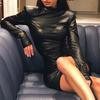 Turtleneck Long Sleeve Hip Wrap Pleated Bodycon Dress Autumn Faux Leather High