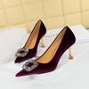 Banquet High Heels, Women's Wine Glasses, Metal Rhinestone Buckle, Thickened Suede Single Shoes