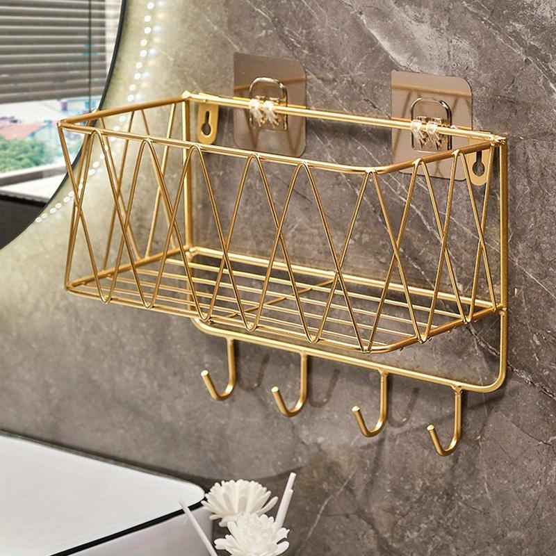 1pc Golden Luxury Bathroom Shelf Without punching,Shower Skin Care Products Wall Organizer Storage Rack with Hook,Kitchen Wall Mounted Storage Rack.