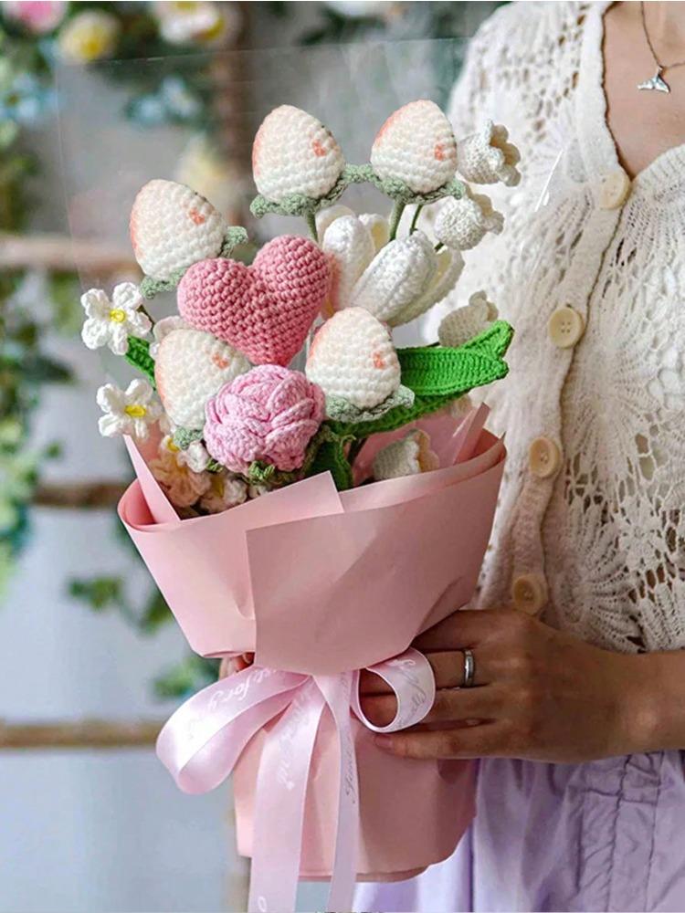 6 шт. искусственных шерстяных цветов, связанных крючком, букет цветов, связанный вручную, клубничный букет на День святого Валентина, День матери, День рождения, свадьбу, домашний декор