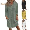 Платье женское осень-весна с отложным воротником, свободные длинные рукава, однобортное, однотонное, рубашечного типа, OL, миди-платье для поездок на работу