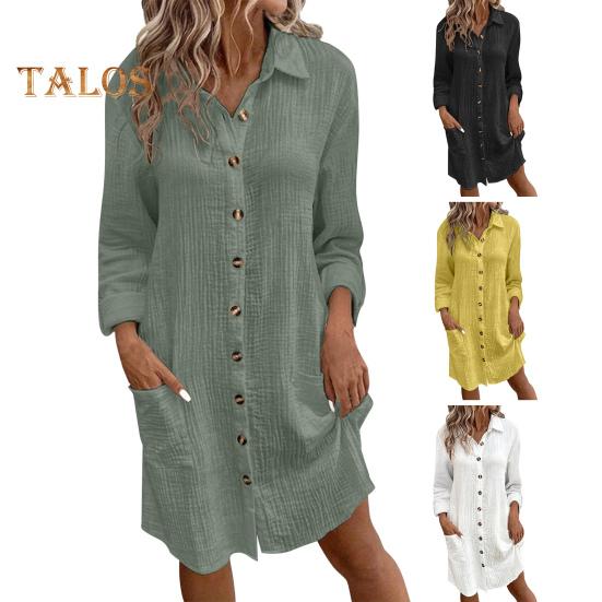 Платье женское осень-весна с отложным воротником, свободные длинные рукава, однобортное, однотонное, рубашечного типа, OL, миди-платье для поездок на работу