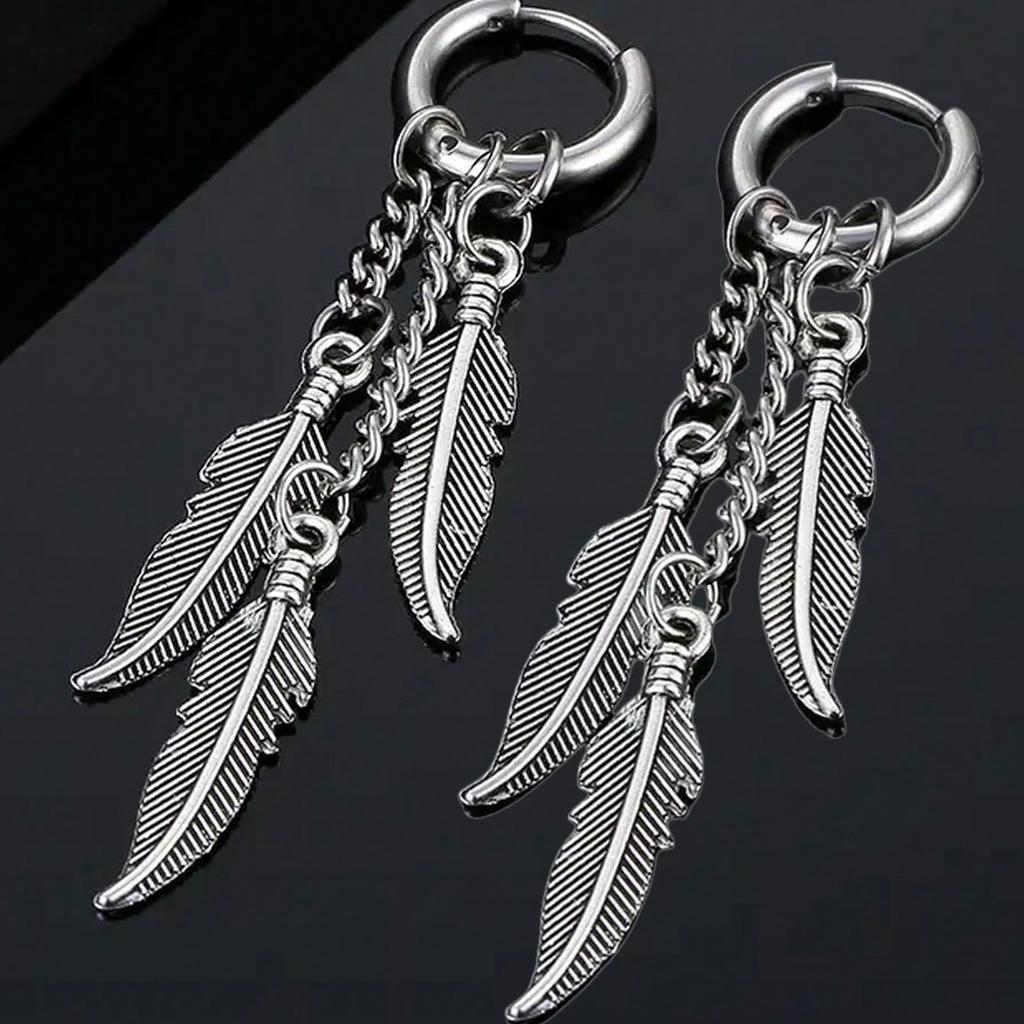 Elegant Feather Drop Earrings Hypoallergenic Stainless Steel Boho Jewelry Leaf Chain Long Tassel Hoop Earring Punk Gothic Ear Perfect