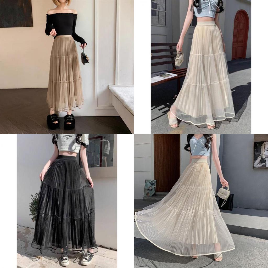 Cotton Blend Mesh Maxi Skirt With Pleats For Summer Casual Women