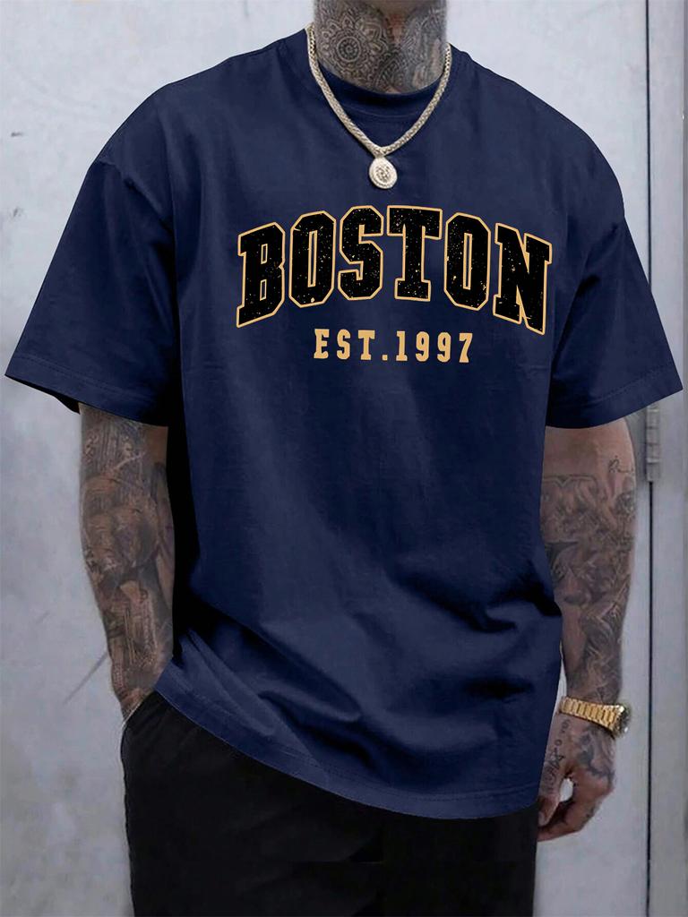 Летняя Унисекс 100% Хлопок Повседневная Модная Свободная Boston EST 1997 С Принтом Круглый Вырез Короткий Рукав Футболка Универсальный Топ