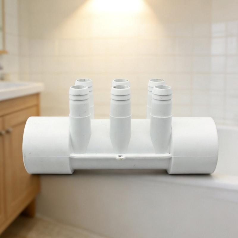 Bathtub Water Manifold Connector PVC 6 Hole Pipe Fitting with Ribbed Outlets for Multi Point Water Distribution in Bathroom