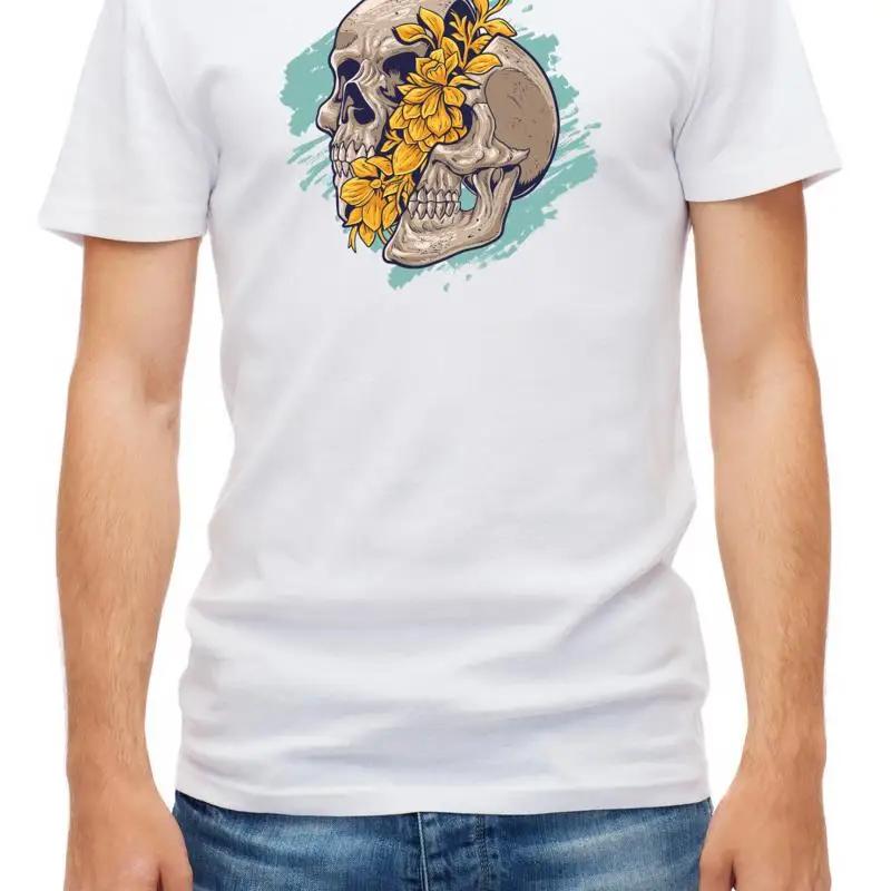 Skull Illustration Drawings Flowers White Unisexs T Shirt D