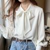 Spring 2025 New Women Blouses Shirts Long Sleeve Bow Collar White Chiffon Blouse Shirt Women Tops J766