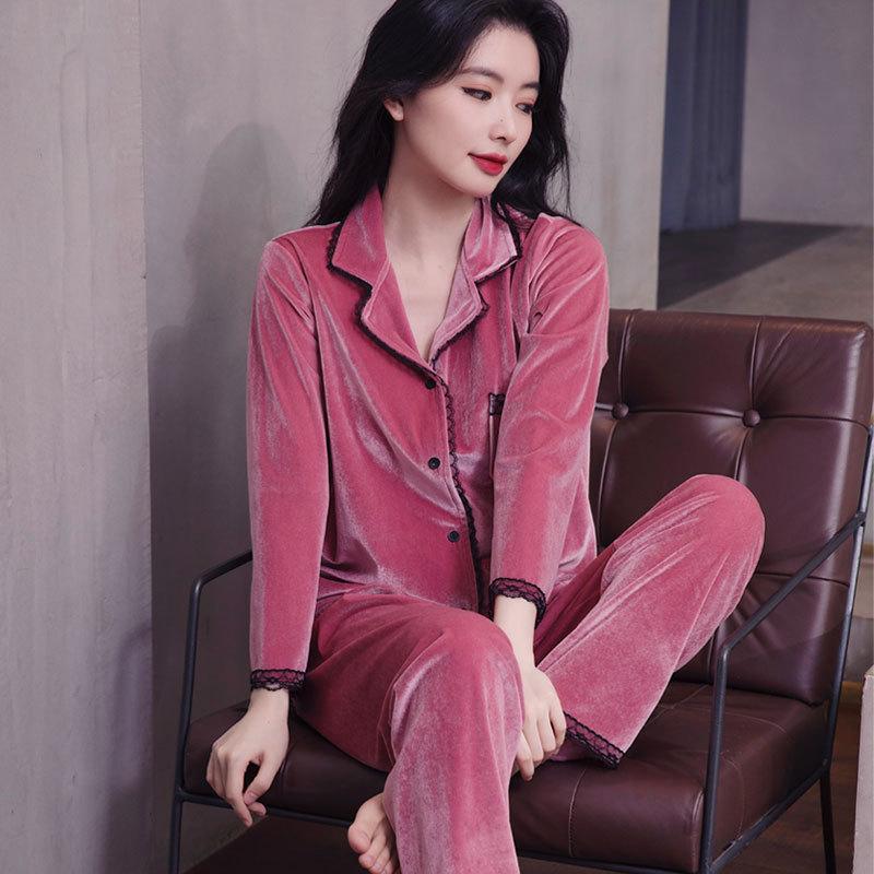 Новый стиль, золотая бархатная пижама для осенне-зимнего женского костюма из двух частей с длинными рукавами