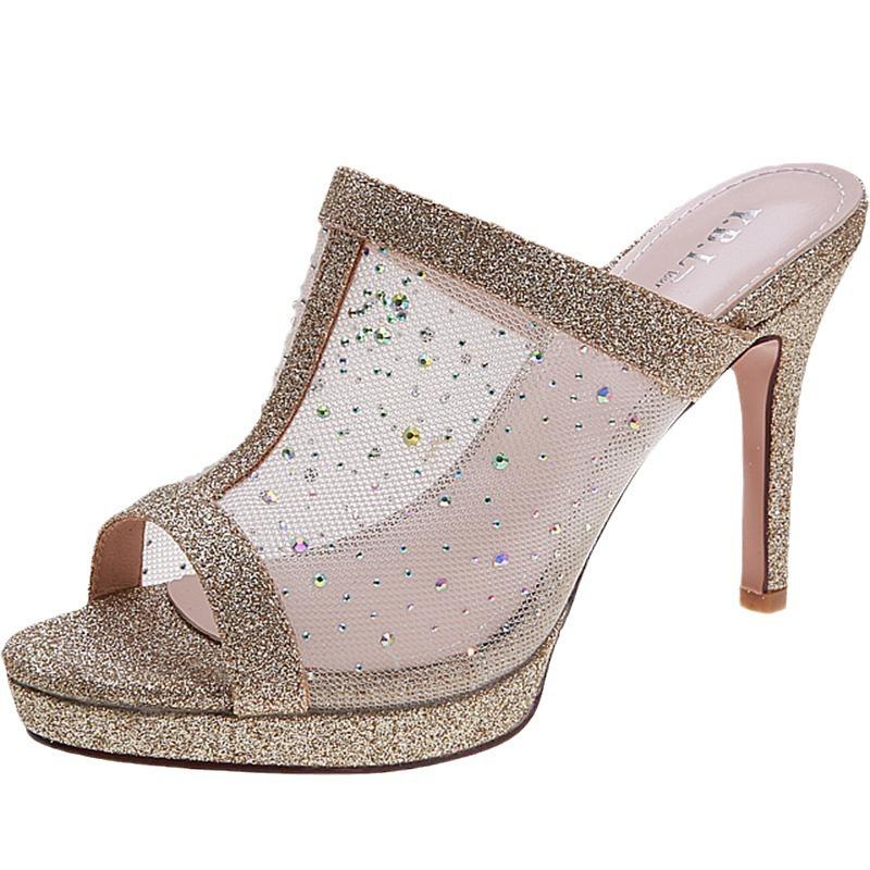 Сетчатые тапочки женские полые летние 2025 новые темпераментный тонкий каблук водонепроницаемые туфли с рыбьим носком стразы босоножки на высоком каблуке