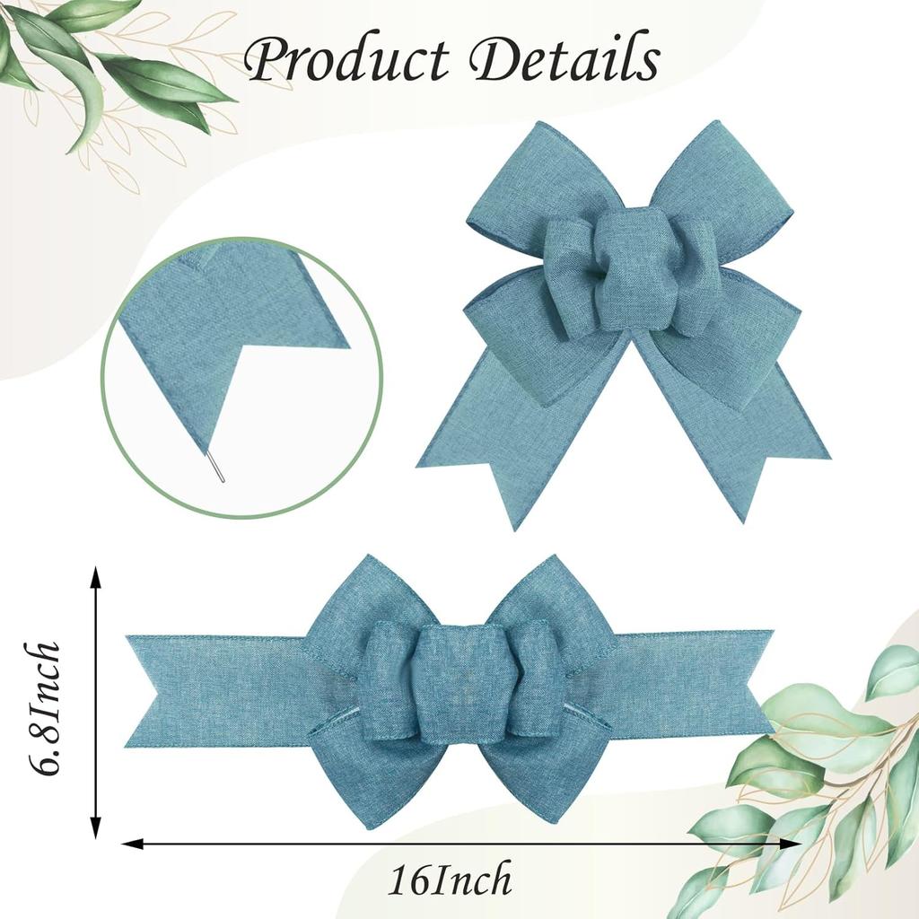 2pcs Denim Blue Wreath Bows, Farmhouse Burlap Bow for Wreath Solid Rustic Crafts Decorative Hanging Ornament Bow for Indoor Outdoor Wedding Holiday