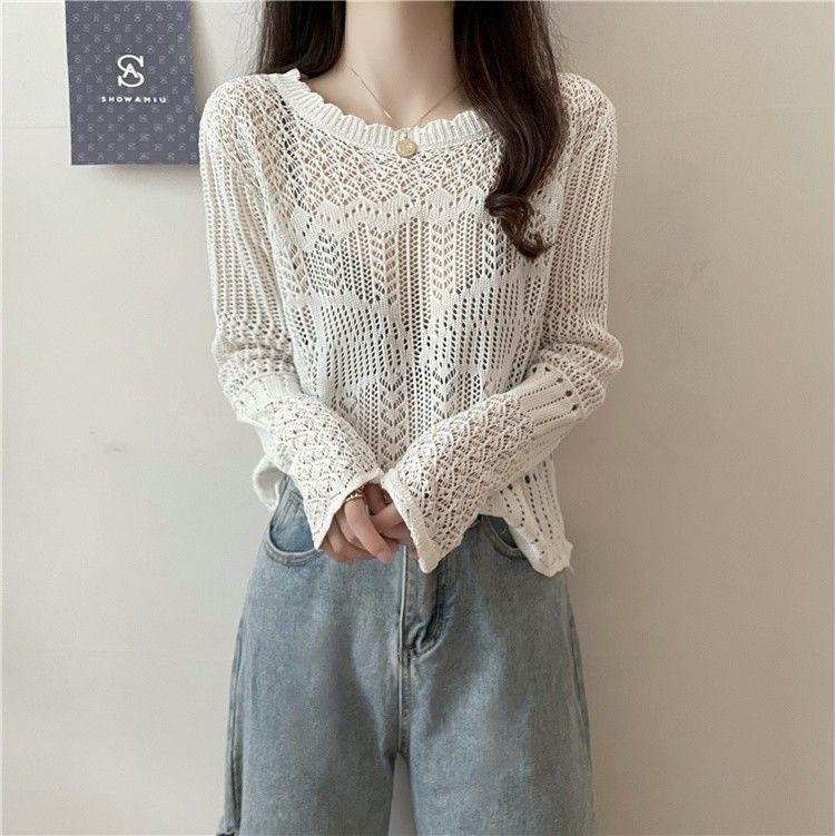 Hollow Out Long Sleeved Knitted Sweater for Women Thin and Chic Retro Japanese Lazy Sunscreen Top