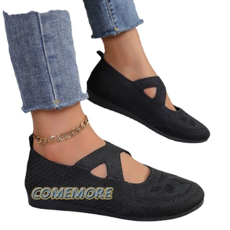 Эластичные трикотажные туфли на плоской подошве для женщин 2024 года, летние дышащие мягкие лоферы, женские легкие повседневные туфли без застежек, мокасины для мам