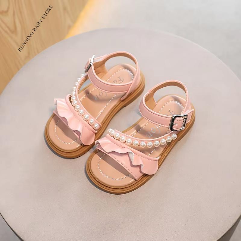Children's Sandals Sweet Ruffles Beading Girls Princess Causal Wedding Sandals Trendy Elegant Kids Open-toe Sandals Shoes I03051