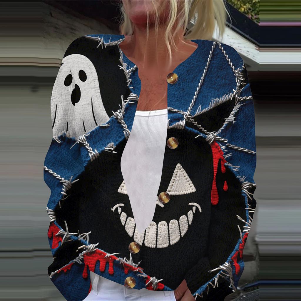 Women's Fashion Printed Long Sleeve Knitted Cardigan Button Down Jacket