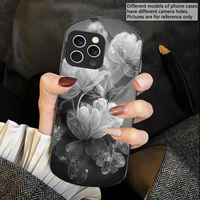 Розовый хрустальный цветок для iPhone 16 15 14 13 Plus 12 mini 11 Pro Max XR Xs X 7 8 6 6S 2022 Эллиптический закаленный стеклянный чехол для телефона