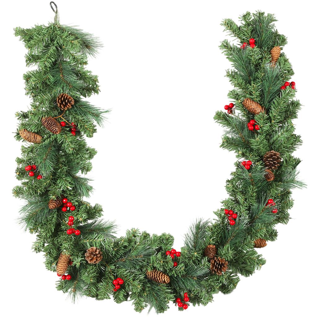 Artificial Christmas garland 180 cm, Christmas decoration, 162 dense branches, pine cones, berry bunches, green