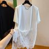 Women T-shirt Round Neck Short Sleeve Mid-length Tops Solid Color Side Slit Design Lace Splicing Tee Shirt Daily Wear
