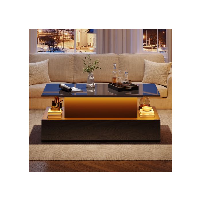 Table basse - MUVOE - Moderne - Noir brillant - Éclairage LED - 4 tiroirs
