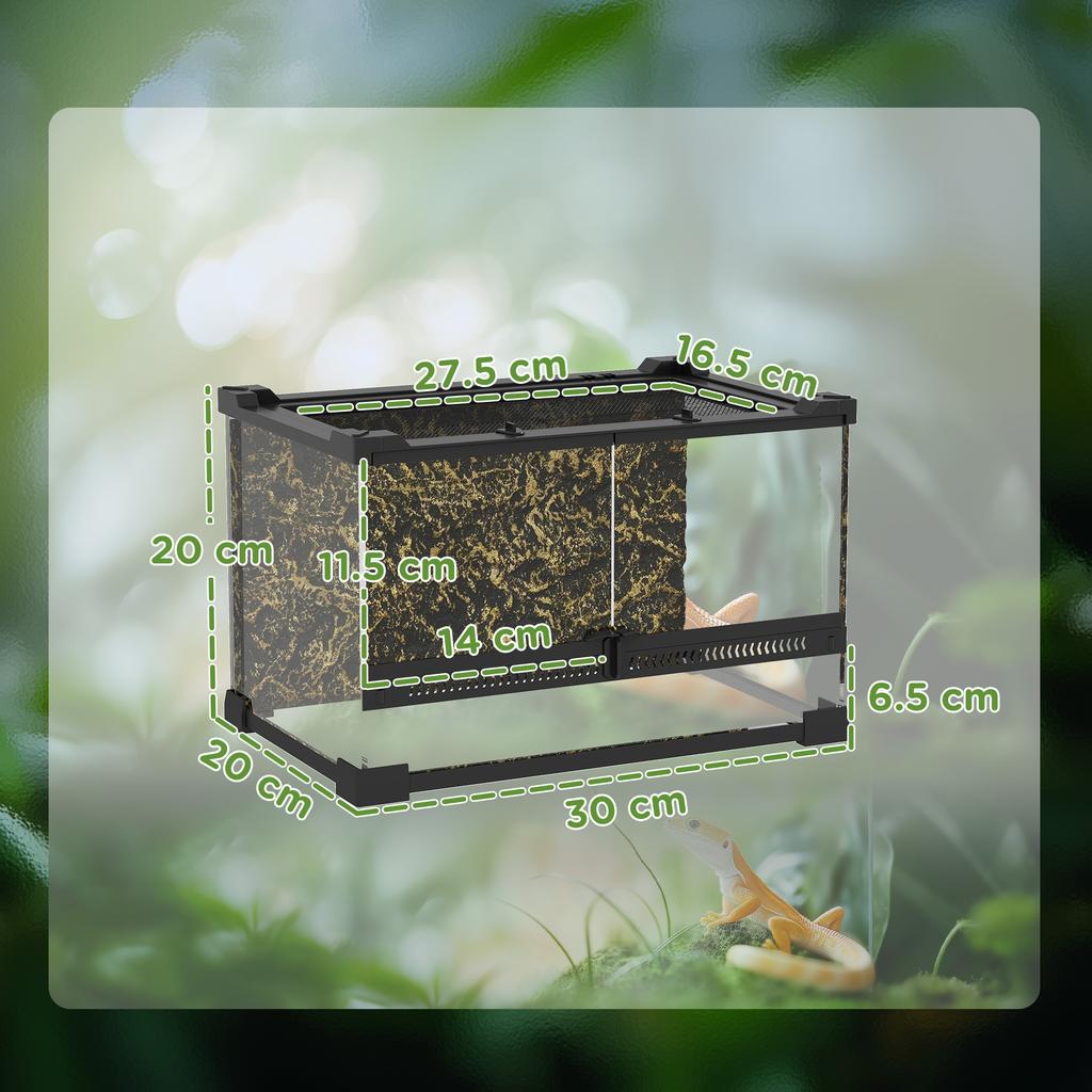 Reptile Glass Terrarium With Stone Background Front Ventilation Escape Proof Knob Lock 30 X 20 X 20 Cm Black